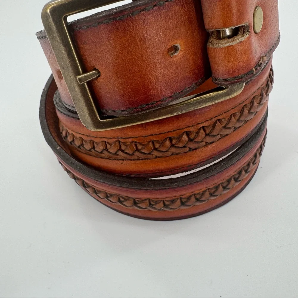 Vintage Mens Rope Edge Embossed Brown Leather Cowboy Strap‎ Western Belt Size 38